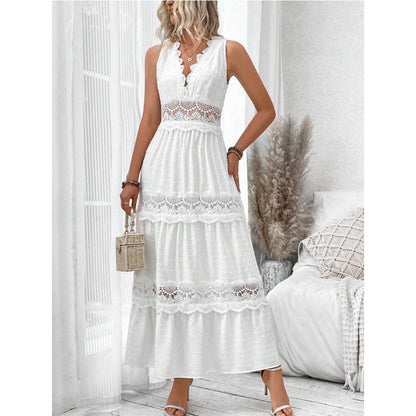 Robe sans manches pour femme à col en V avec dentelle cousue