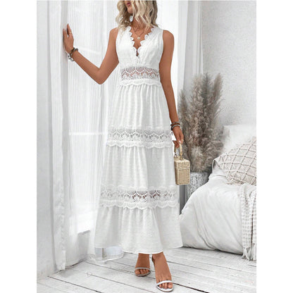Robe sans manches pour femme à col en V avec dentelle cousue